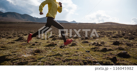 Woman trail runner cross country running to high altitude mountain peak Woman trail runner cross country running to high altitude mountain peak 116045982