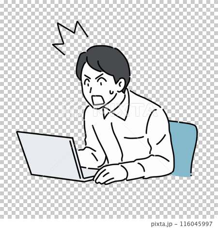 A man leans forward in surprise while looking at a computer 116045997