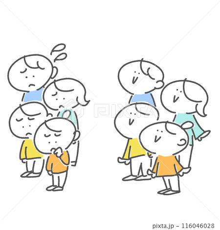 笑顔で遠くを見上げる家族　落ち込む家族　人々　幸せ　不幸せ　シンプルで可愛い線画イラスト 116046028