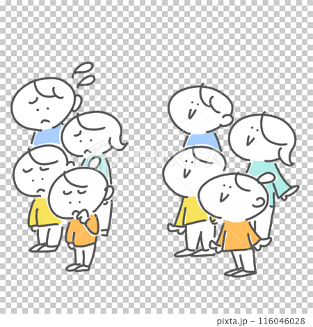 笑顔で遠くを見上げる家族　落ち込む家族　人々　幸せ　不幸せ　シンプルで可愛い線画イラスト 116046028