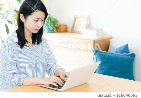 リビングでパソコンをする女性 116046065