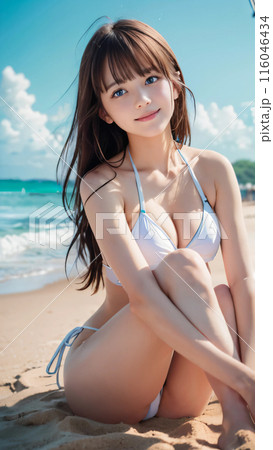 青空のビーチで笑顔の水着を着た若い女性 116046434