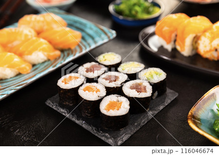 Detailed View of Various Kind of Sushi Pieces. Detailed View of Various Kind of Sushi Pieces. 116046674