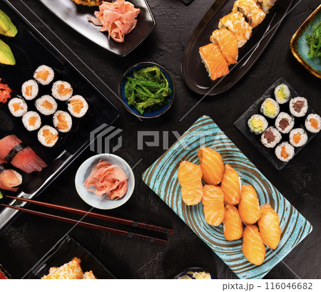Top View of Various Kind of Sushi Pieces. Top View of Various Kind of Sushi Pieces. 116046682