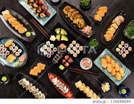Top View of Various Kind of Sushi Pieces. Top View of Various Kind of Sushi Pieces. 116046684
