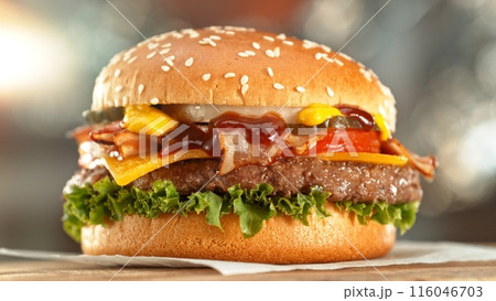 Delicious Hamburger Served on Wooden Table. 116046703