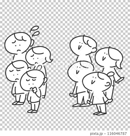 Smiling family looking up into the distance, Depressed family, People, Happiness, Unhappiness, Simple and cute line drawing illustration 116046787