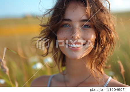 Happy beautiful woman smiling at camera in a field 116046974