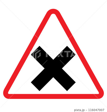 cross road warning sign, red triangle, black arrow, traffic symbol, Cautionary Road Sign. cross road warning sign, red triangle, black arrow, traffic symbol, Cautionary Road Sign. 116047007