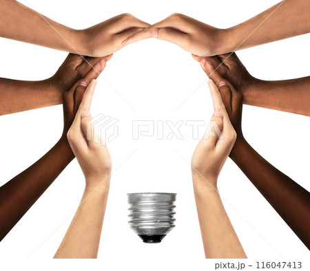 Symbols and shapes of light bulbs created by hand. People thinking together and team ideas coming together joining hands. 116047413