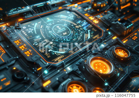 Futuristic control panel with neon lights and holographic display, representing advanced technology in sci-fi environment. Futuristic control panel with neon lights and holographic display, representing advanced technology in sci-fi environment. 116047755