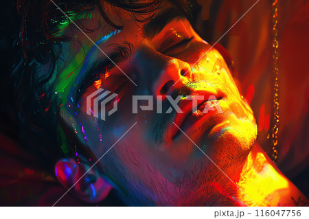 Close-up portrait of a man with colorful neon lights casting vivid patterns on his face, creating a surreal and artistic ambiance. Close-up portrait of a man with colorful neon lights casting vivid patterns on his face, creating a surreal and artistic ambiance. 116047756