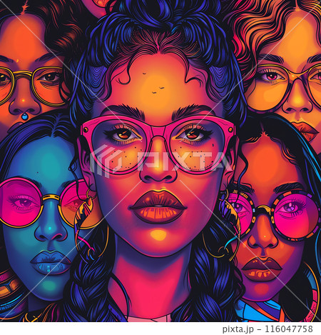 Vibrant digital artwork of powerful women with colorful glasses, expressing individuality and modern style. Vibrant digital artwork of powerful women with colorful glasses, expressing individuality and modern style. 116047758