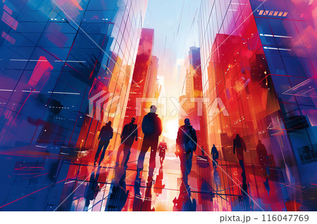 Silhouetted figures walking through a vibrant, futuristic cityscape with colorful abstract reflections and digital elements. 116047769