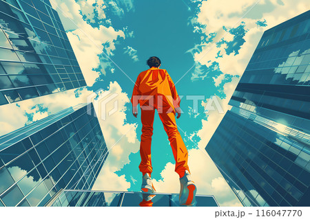 Person standing between tall modern buildings with a bright sky above, captured from a low angle reflecting a sense of ambition and aspiration. 116047770