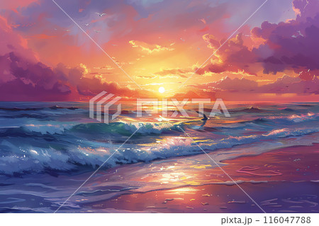 A breathtaking sunset over a serene beach, with vibrant colors reflecting on the waves and clouds, capturing the beauty of nature. A breathtaking sunset over a serene beach, with vibrant colors reflecting on the waves and clouds, capturing the beauty of nature. 116047788