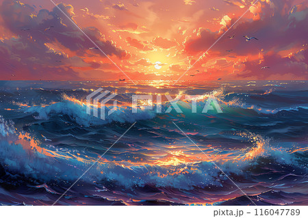 Stunning sunset over a vibrant ocean with crashing waves, casting a golden hue across the sky and water, capturing the beauty of nature. Stunning sunset over a vibrant ocean with crashing waves, casting a golden hue across the sky and water, capturing the beauty of nature. 116047789