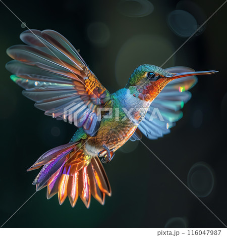 Close-up of a vibrant hummingbird in flight, with colorful feathers, against a soft bokeh background. Close-up of a vibrant hummingbird in flight, with colorful feathers, against a soft bokeh background. 116047987