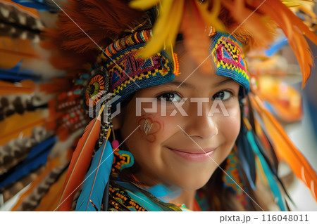 Close-up of a child wearing a vibrant traditional Native American headdress, adorned with feathers and intricate beadwork, smiling warmly. 116048011
