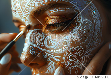 Close-up of a person having their face painted with intricate white designs, highlighting detailed artistic craft and precision. 116048014