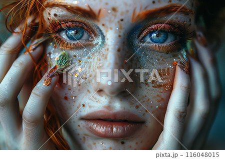 Close-up portrait of a woman with artistic makeup, vibrant colors, and blue eyes, showcasing detailed facial features and a captivating gaze. 116048015