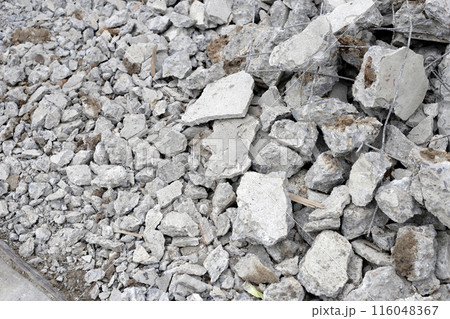 Piles of rubble after house demolition Piles of rubble after house demolition 116048367