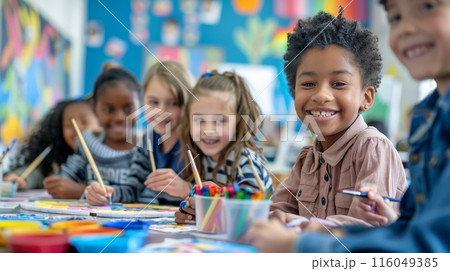 Group Of Diverse Smiling Children In Classroom, Engaged In Art Activities. Bright School Atmosphere 116049385