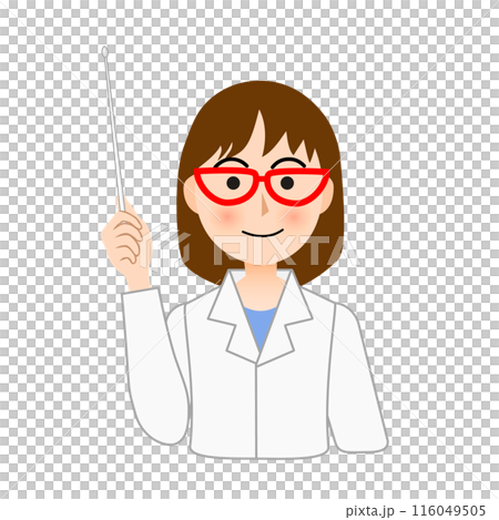 A smiling woman in a white coat giving an explanation A smiling woman in a white coat giving an explanation 116049505