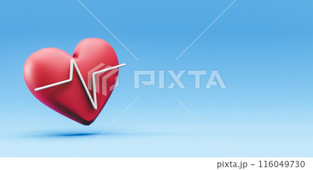 3D rendering of heart with pulse line on blue background 116049730