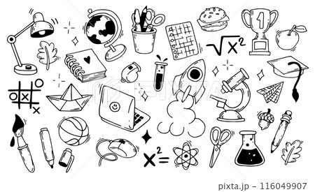 set of cute elements on the back to school theme. doodle illustration education, school set of cute elements on the back to school theme. doodle illustration education, school 116049907