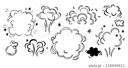 clouds of explosions, set of illustrations in doodle style. firework clouds of explosions, set of illustrations in doodle style. firework 116049911