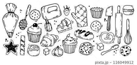cute set of elements on the theme of baking, confectionery. doodle illustration with desserts, cakes and cooking tools 116049912
