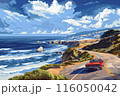 A red classic car traveling along a winding coastal road with stunning ocean views, by Generative AI 116050042