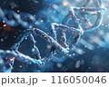 This image shows a close-up view of an illuminated DNA double helix structure with glowing particles against a blue background. by Generative AI 116050046