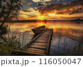 A serene sunset over a calm lake with a wooden pier and an anchored boat. by Generative AI 116050047