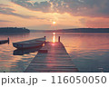 A serene lakeside sunset scene featuring a wooden dock with a small boat moored, by Generative AI 116050050