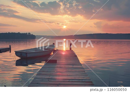 A serene lakeside sunset scene featuring a wooden dock with a small boat moored, by Generative AI A serene lakeside sunset scene featuring a wooden dock with a small boat moored, by Generative AI 116050050
