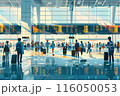 A busy and vibrant airport scene with travelers carrying luggage and waiting in line, by Generative AI 116050053