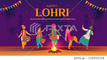 Indian man and woman in traditional dress performing folk dance on Lohri Festival 116050156