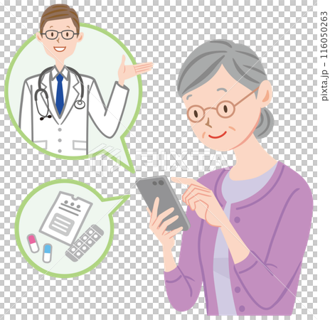 スマホでオンライン診療を受ける高齢者　おばあさん 116050263