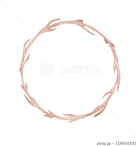 Wooden round frame. Watercolor illustration. An object made from tree branches with texture. Hand drawn isolated art. Backdrop with space for text. Geometric frame design, natural design, eco decor. Wooden round frame. Watercolor illustration. An object made from tree branches with texture. Hand drawn isolated art. Backdrop with space for text. Geometric frame design, natural design, eco decor. 116050581