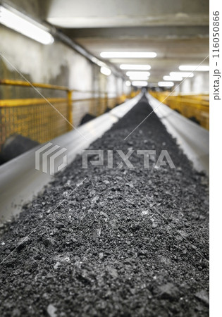 Belt conveyor transporting coal in a heating plant, selective focusing. Belt conveyor transporting coal in a heating plant, selective focusing. 116050866