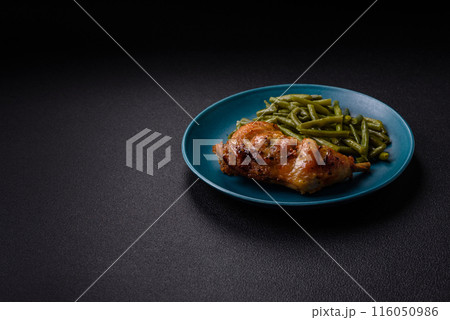 Delicious grilled chicken leg or quarter with salt and spices 116050986