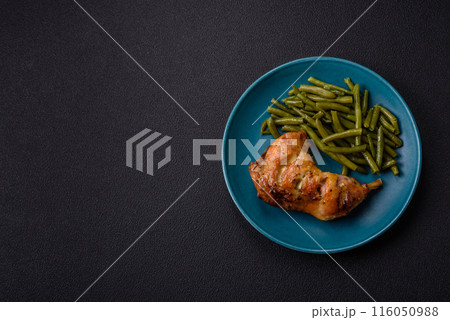 Delicious grilled chicken leg or quarter with salt and spices 116050988