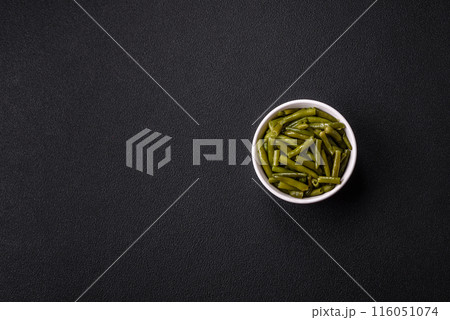 Boiled green bean pods with salt and spices Boiled green bean pods with salt and spices 116051074