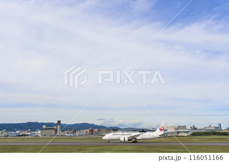 夏の大阪空港(伊丹空港) 着陸中の飛行機 大阪府豊中市 夏の大阪空港(伊丹空港) 着陸中の飛行機 大阪府豊中市 116051166