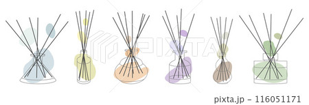 Set of aroma diffusers in jar with wooden Bamboo sticks for the home. Doodle sketch style. Linear simple diffuser with Abstract color shapes, hand drawn in line style. Isolated vector illustration. 116051171