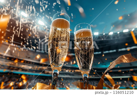 glasses of champagne against the backdrop of a sports stadium, celebration atmosphere 116051210