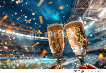 two glasses of champagne against the backdrop of a sports stadium, the atmosphere of victory 116051213