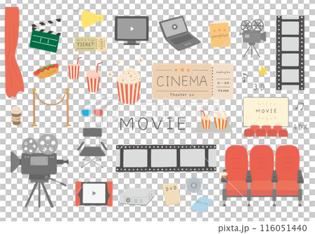 Hand-drawn movie-related illustration set (color/no main lines) 116051440